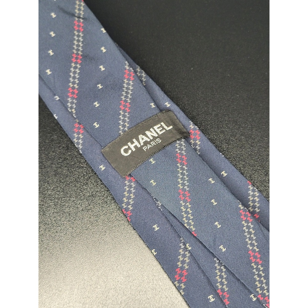 Chanel Paris Silk Necktie Navy Blue Red Grey CC Logo Diagonal Stripe